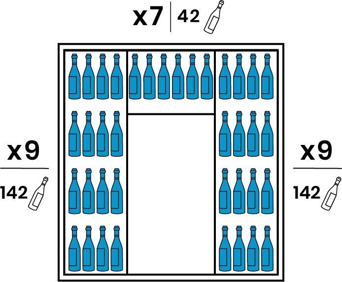 Both lateral sides are equipped with 9 large stainless steel shelves. The Backside is equipped with 7 smaller stainless steel shelves. Capacity of 326 bottles