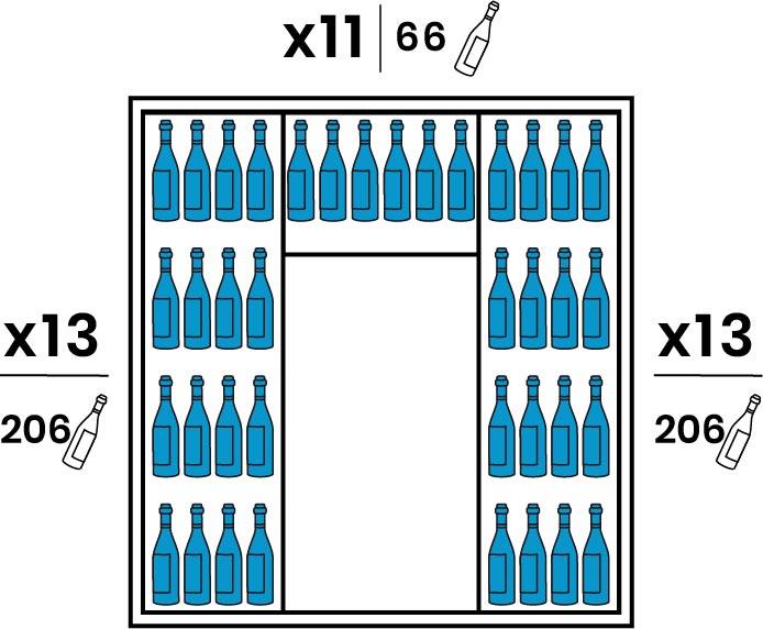 Both lateral sides are equipped with 13 large stainless steel shelves. The Backside is equipped with 11 smaller stainless steel shelves. Capacity of 478 bottles