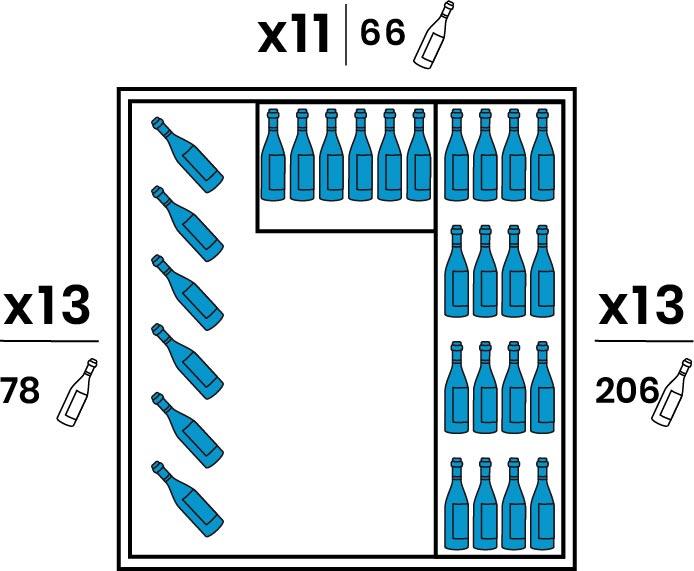 One lateral side equipped with 6 suspending hangers for 13 bottles. Opposite side equipped with 13 large wooden shelves. Backside equipped with 11 smaller wooden shelves. The wood tint is identical to the outdoor completions. Capacity 350 bottles