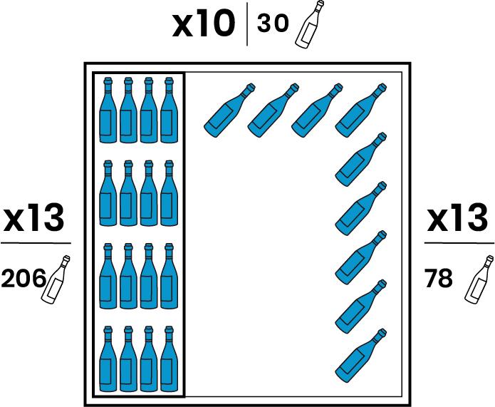 One lateral side is equipped with 13 transparent Plexiglas shelves. The opposite side is equipped with 6 chromed suspending hangers for 13 bottles. The Backside is equipped with 3 suspending hangers for 10 bottles. Capacity 314 bottles