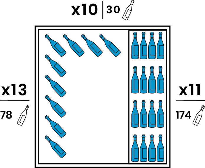 One lateral side is equipped with 11 Stainless steel shelves. The opposite side is equipped with 6 chromed suspending hangers for 13 bottles. The Backside is equipped with 3 suspending hangers for 10 bottles. Capacity 282 bottles