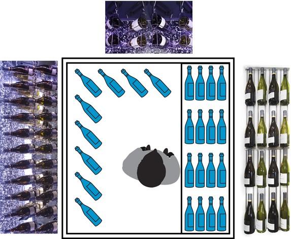 The left and backside are both equipped with chromed suspending bottle hangers. The right side is equipped with horizontal wooden, Plexiglas or stainless steel shelves