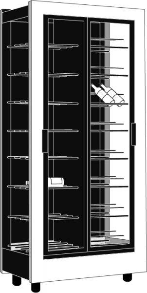 All the metallic parts inside (beams, panels, bottle holders) and outside (door profiles, frame, handles and flanks) are painted in matte black. Depending on model, some small parts (screw caps, shelf supports) may remain in stainless steel finish