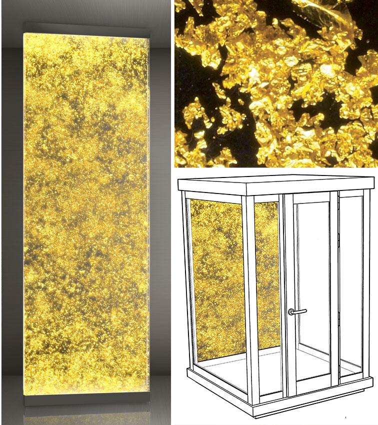 A resilient crystal transparent synthetic glass background that conducts light for a luxurious and unique design. Inclusion of gold chips for which we recommend a warm white lighting