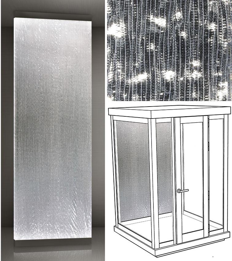 A resilient crystal transparent synthetic glass background that conducts light for a luxurious and unique design. Inclusion of silver pleated sheets for which we recommend a cold white lighting