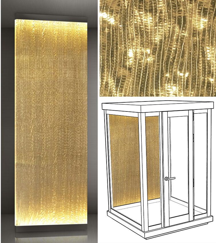 A resilient crystal transparent synthetic glass background that conducts light for a luxurious and unique design. Inclusion of gold pleated sheets for which we recommend a warm white lighting