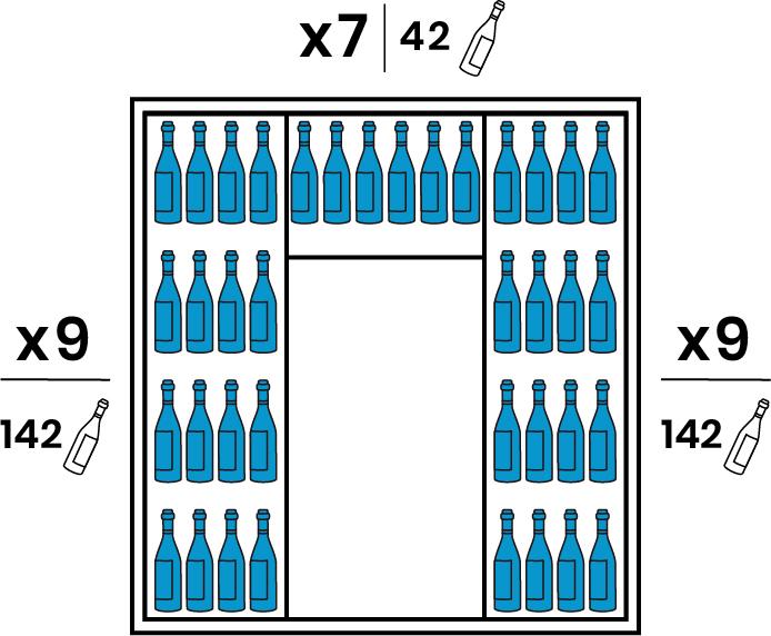 Both lateral sides are equipped with 9 large wooden shelves. The Backside is equipped with 7 smaller wooden shelves. The wood tint is identical to the outdoor completions. Capacity of 326 bottles