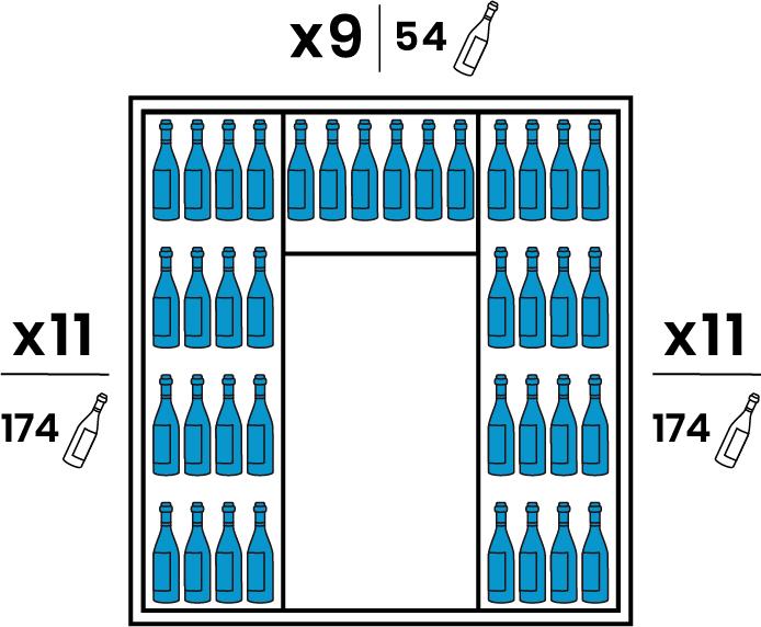 Both lateral sides are equipped with 11 large transparent Plexiglas shelves. The Backside is equipped with 7 smaller transparent Plexiglas shelves. Capacity of 402 bottles