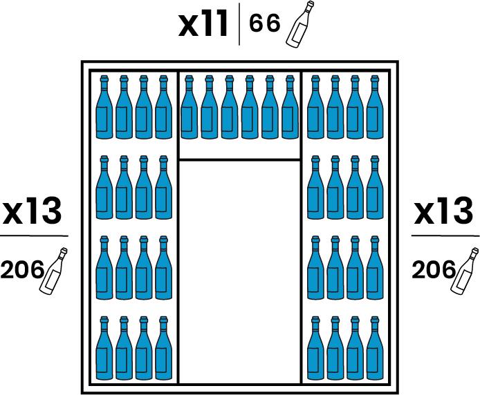 Both lateral sides are equipped with 13 large transparent Plexiglas shelves. The Backside is equipped with 11 smaller transparent Plexiglas shelves. Capacity of 478 bottles