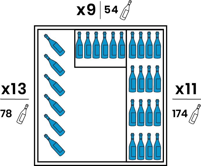 One lateral side equipped with 6 suspending hangers for 13 bottles. Opposite side equipped with 11 large wooden shelves. Backside equipped with 9 smaller wooden shelves. The wood tint is identical to the outdoor completions. Capacity 306 bottles