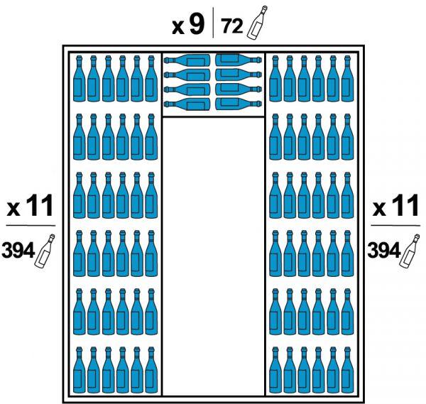 Both lateral sides are equipped with 11 large wooden shelves. The Backside is equipped with 9 smaller wooden shelves. The wood tint is identical to the outdoor completions. Capacity of 860 bottles