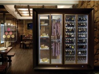 Combination of a multipurpose wine cabinet and a cheese/delicatessen cabinet in an island unit