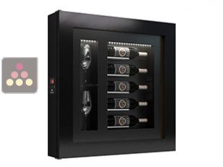 Silent refrigerated wine frame display for 5 bottles and 2 glasses